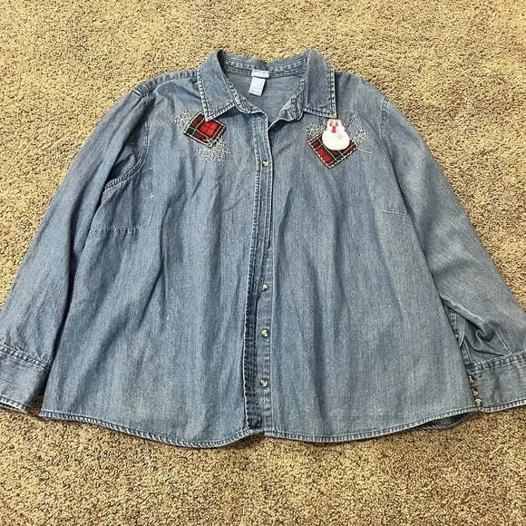 Vintage Shirt Women 3XL‎ Denim Christmas 
 Jean Embroidered Snowman holiday - Picture 12 of 12